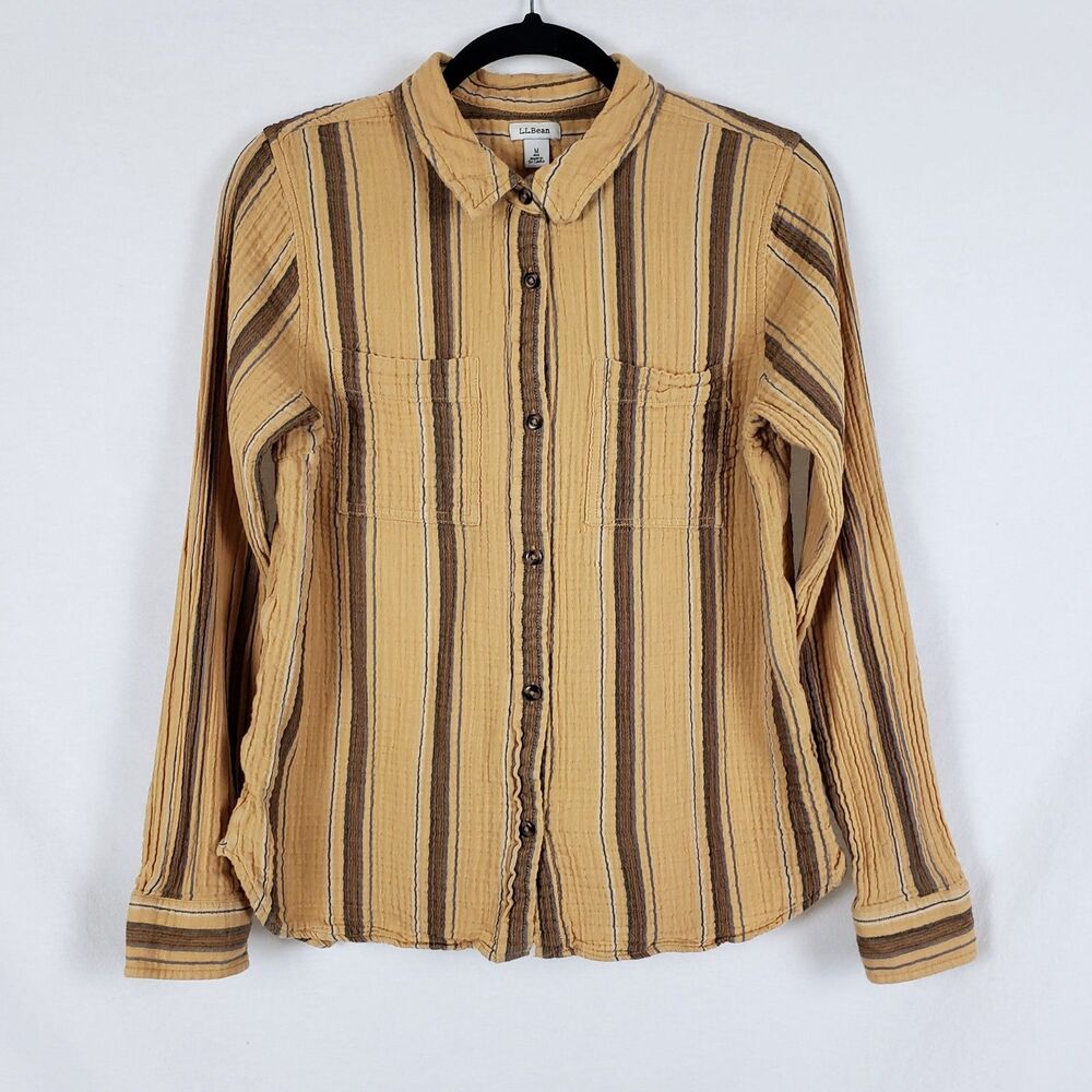 LL Bean Cotton Gauze Shirt Womens M Yellow Striped Earthy Natural Granola